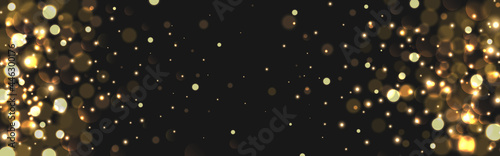 Bokeh black background. Gold defocused lights and sparkles. Christmas blurred elements. Luxury glitter effect. Festive particles on dark backdrop. Vector illustration