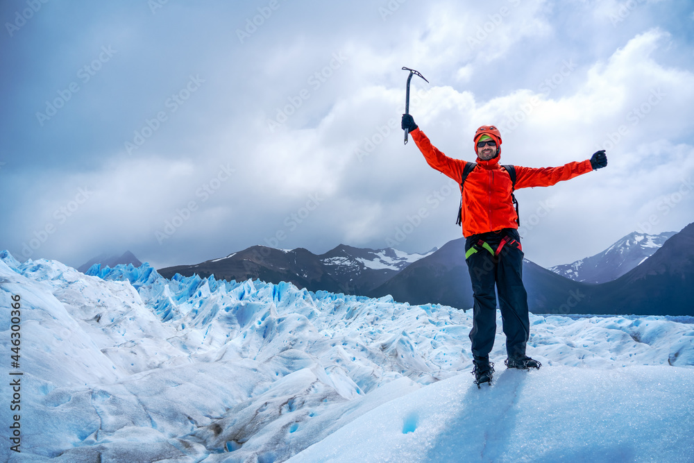 happy person on glacier Perito Moreno during long trekking
