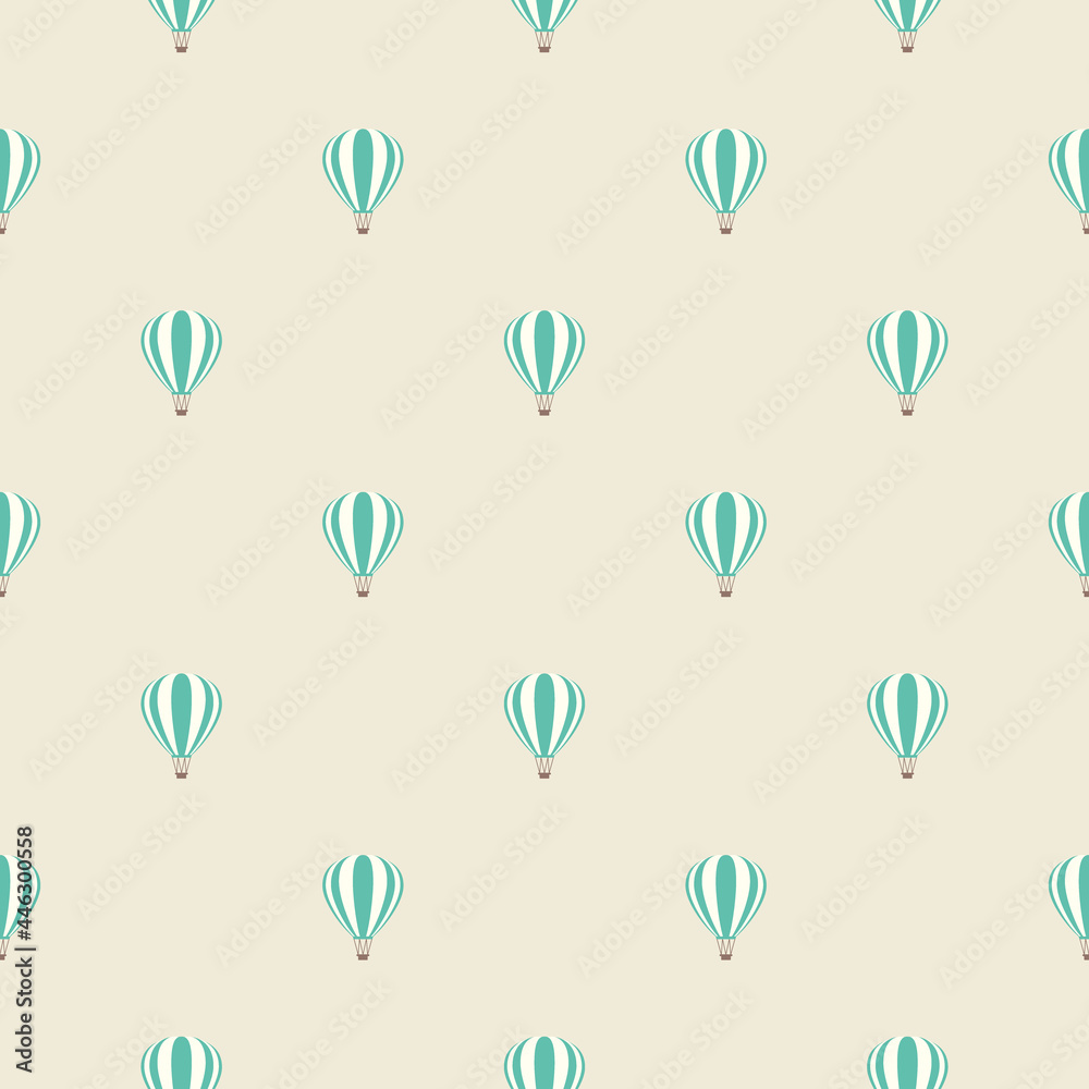 blue hot air baloons line silhouettes on beige background. Flat cartoon vector ornament.