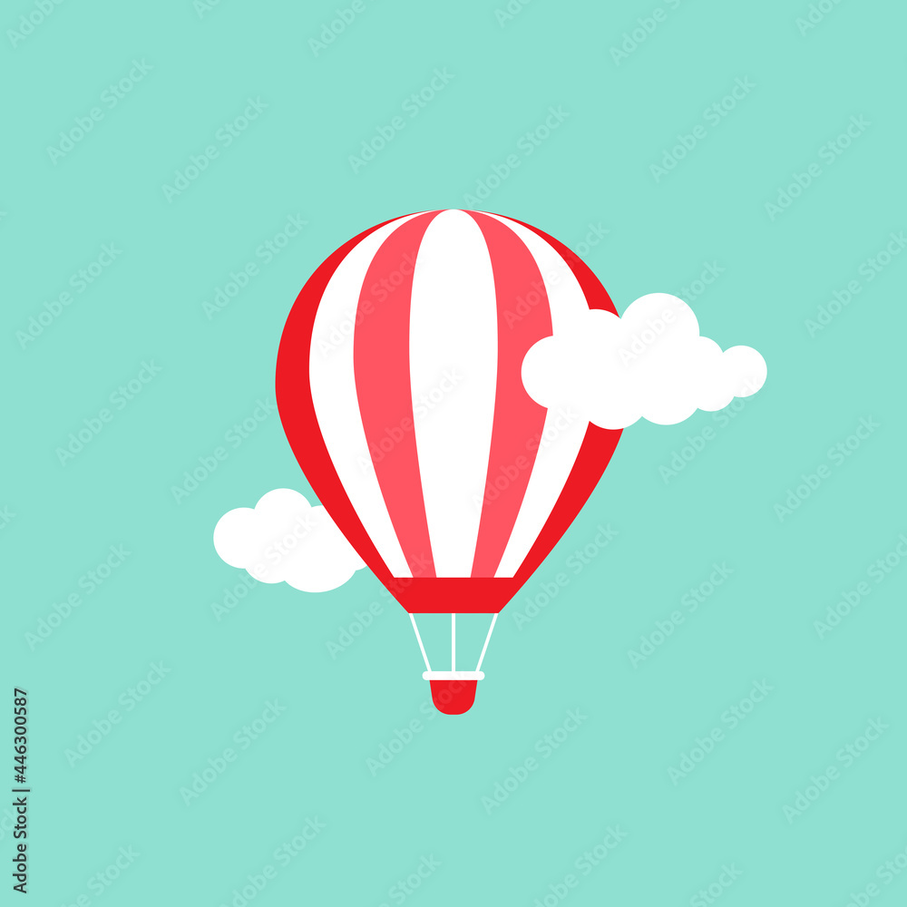 Fototapeta premium Orange hot air balloon flying in the powder blue sky with clouds.