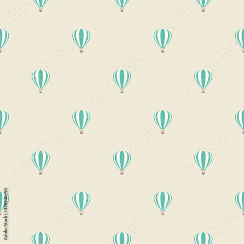 blue hot air baloons line silhouettes on beige background. Flat cartoon vector ornament.