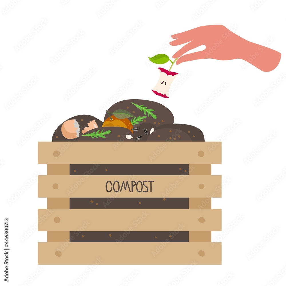 Human hand puts core apple in box with compost. Wooden box with fruits