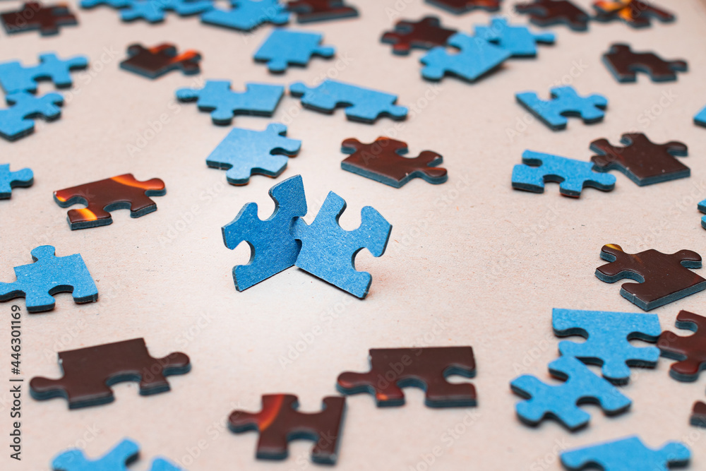 Mixed Peaces of a Colorful Jigsaw Puzzle - Strategy and Solving Problem Concept Mixed Peaces of a Colorful Jigsaw Puzzle - Strategy and Solving Problem Concept