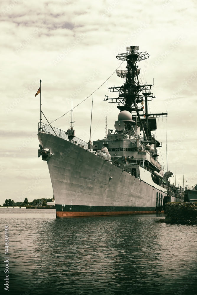 German destroyer in Wilhelmshaven harbor with grunge style German destroyer in Wilhelmshaven harbor with grunge style