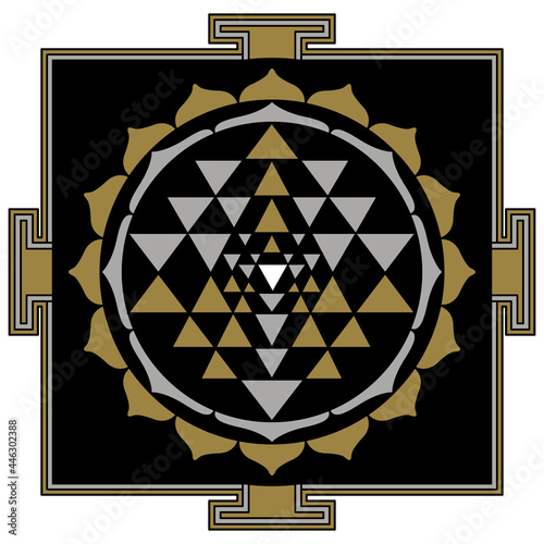 Sri Yantra. Hindu sacred diagram for meditation. Unity of opposites. Black and white geometric silhouette with gold and silver. Isolated vector illustration. 