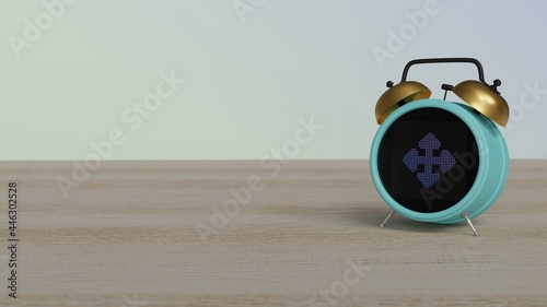 3d rendering of color alarm clock with symbol of four direction arrows on display on table