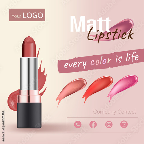 Lip makeup elegant banner design. cosmetics information advertisement poster with realistic 3 intense color lipstick set package introduction vector illustration