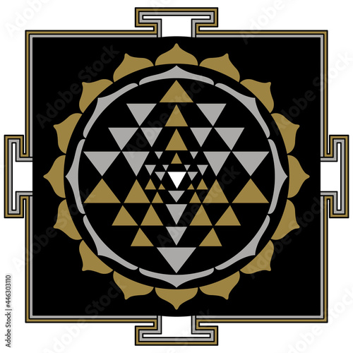 Sri Yantra. Hindu sacred diagram for meditation. Unity of opposites. Black and white geometric silhouette with gold and silver. Isolated vector illustration.	
