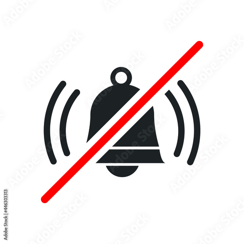 Loud sound not allowed, keep quiet red forbidden sign with ringing bell icon on white background