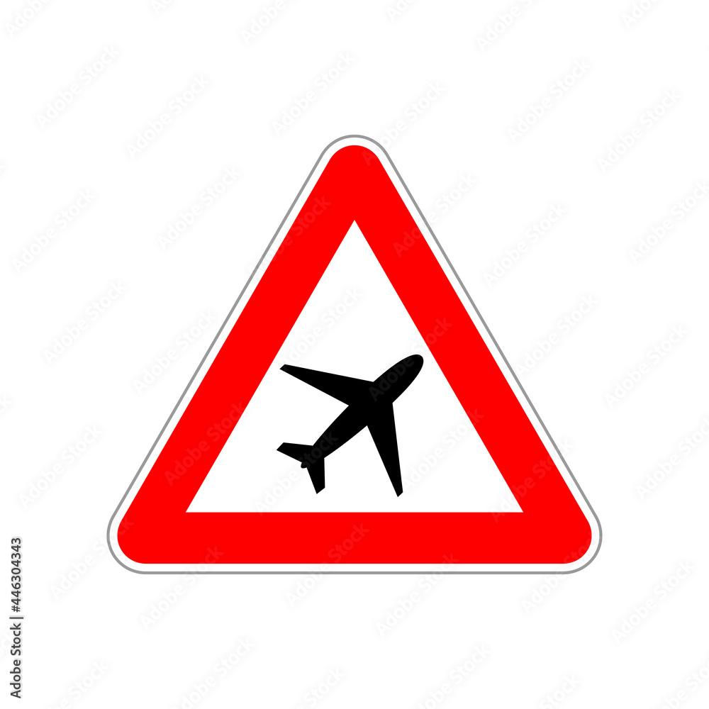 Plane icon on the triangle red and white road sign on white Plane icon on the triangle red and white road sign on white
