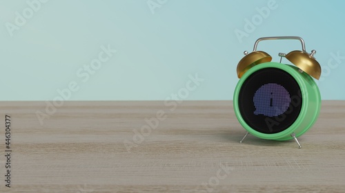 3d rendering of color alarm clock with symbol of rounded chat bubbles on display on table