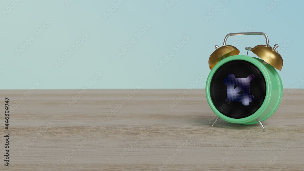 3d rendering of color alarm clock with symbol of crop on display on table