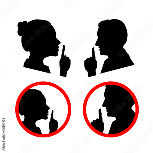 Set of face profiles with hands, shhh icon on white, please keep quiet sign