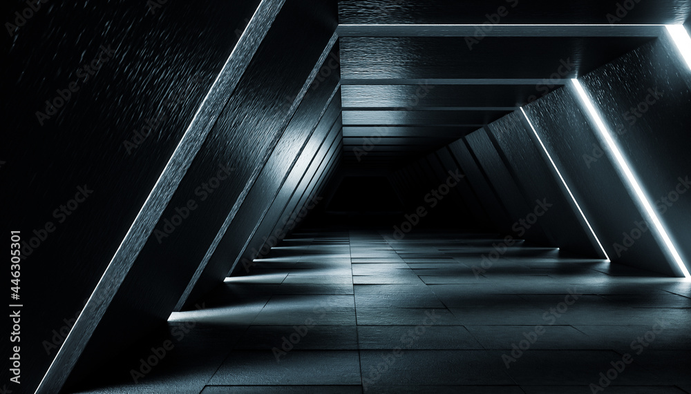 Obraz premium Abstract Futuristic dark corridor interior design. Future concept. 3D Rendering