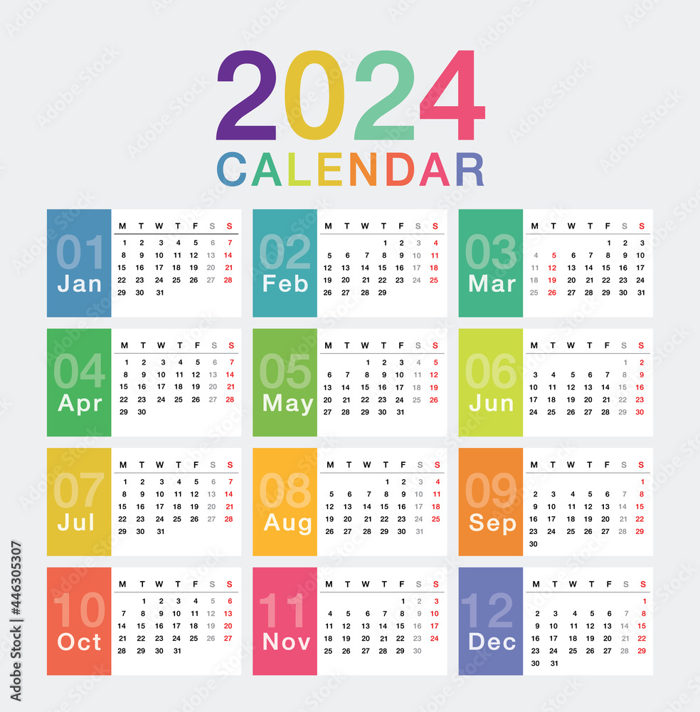 Colorful Year 2024 calendar horizontal vector design template, simple