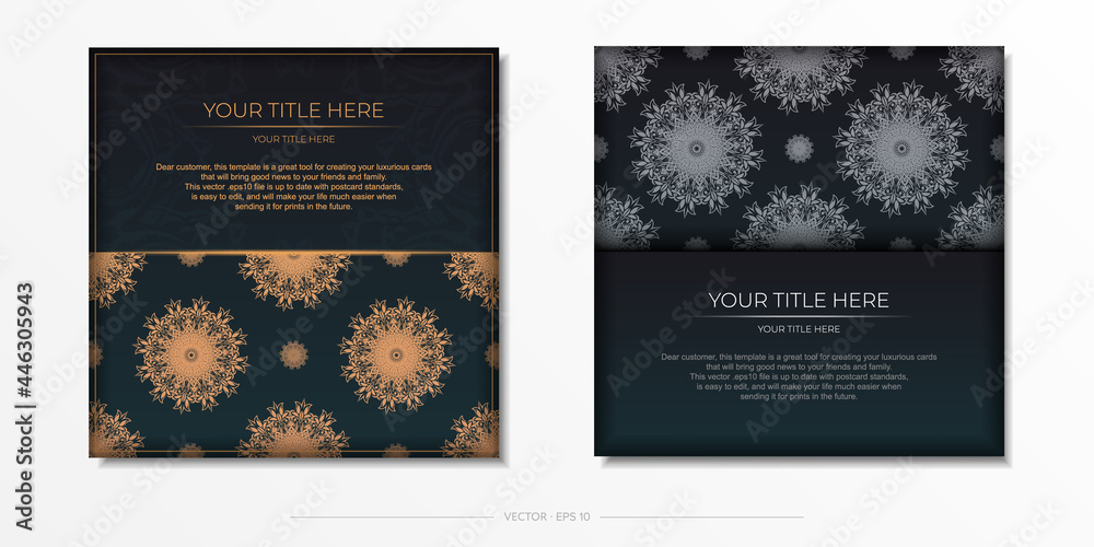 Dark green postcard template with white abstract mandala ornament. Elegant and classic elements are great for decorating. Vector illustration.