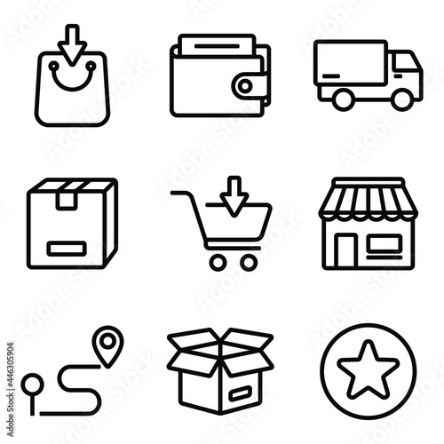 Click order, Shop, store, click shopping, collect order, payment, delivery services steps, receive order in pick up point, rating. E-commerce business concept. Simple icon vector design.