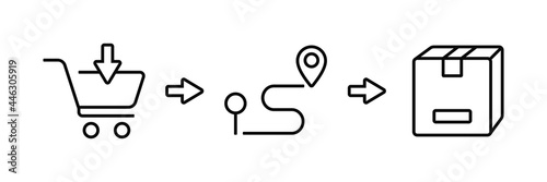 collect orders, order cart, delivery services steps, receive order in pick up point, items ordered. E-commerce business concept. Simple line icon vector design.