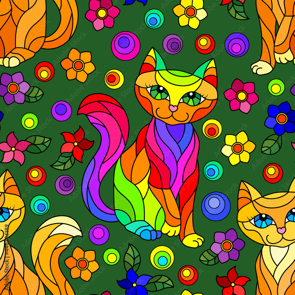 Obraz premium Seamless pattern with bright cats and flowers in stained glass style on a green background
