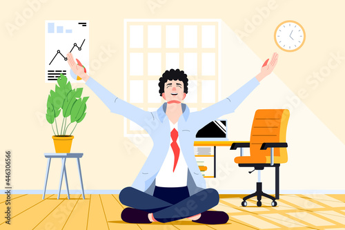 Businessman doing yoga at work. Business person sitting in lotus pose in his office to relax from work stress. Happy cartoon office worker vector character.