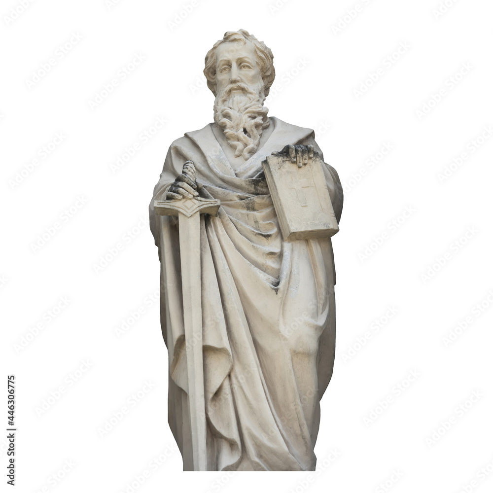 St. apostle Paul with with sword and book in his hands. White background (Christianity, faith concept)
