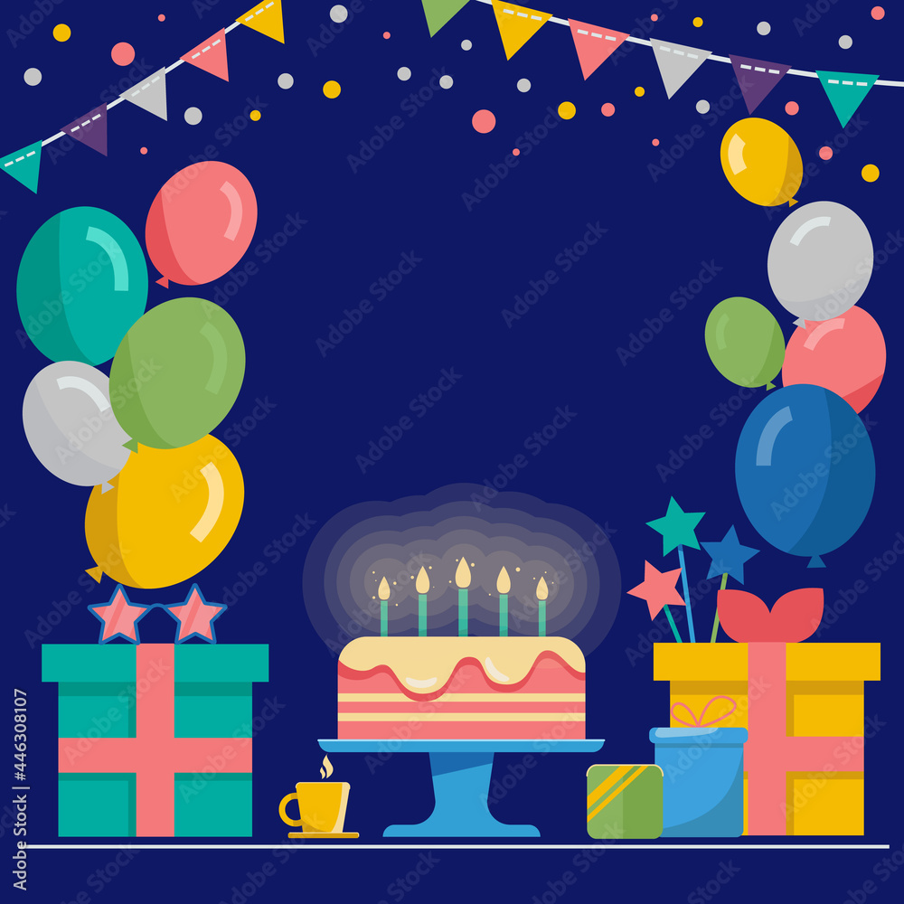Happy birthday background with a cake, balloons and gifts. Dark blue background. Vector illustration. Happy birthday background with a cake, balloons and gifts. Dark blue background. Vector illustration.