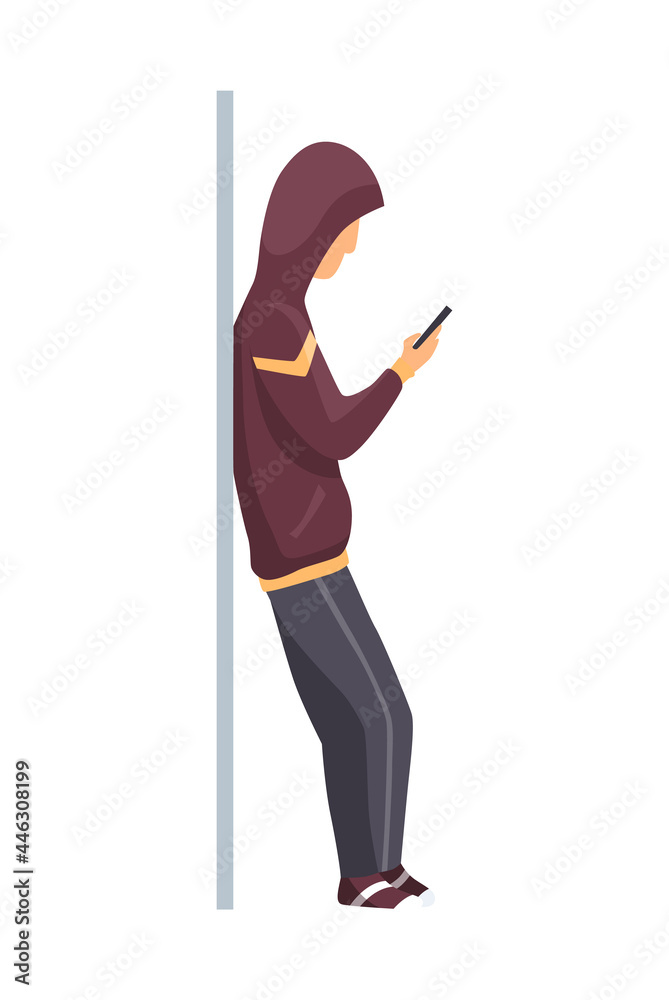 Man in subway underground train car. Public transport, urban underground tube mass transit with standing passenger. Concept design Man in subway underground train car. Public transport, urban underground tube mass transit with standing passenger. Concept design