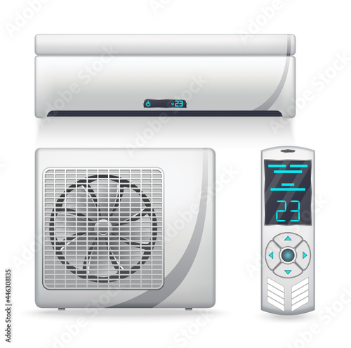 Air conditioner system - realistic set with cooling or heating equipment. Electronic appliance or device to clean, freshen and circulate air. Color indoor and outdoor units. Icon on white background