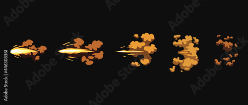 Gun flashes or gunshot animation. Cartoon flash effect of bullet start. Shotgun fire, muzzle flash and explode. Flashes with smoke and fire sparkles