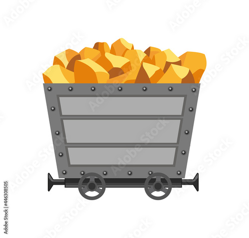 Metal mine cart loaded with gold. Cartoon mine trolley. Vector design illustration isolated on white background