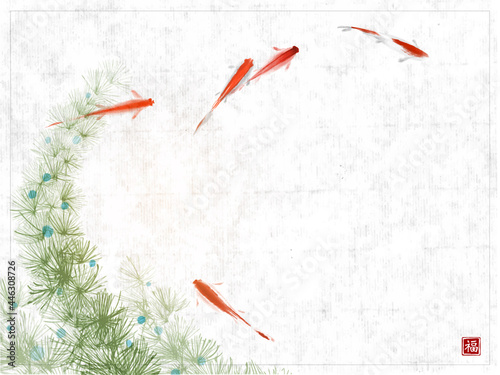 Liitle red fishes and seaweed on rice paper background. Traditional oriental ink painting sumi-e, u-sin, go-hua. Hieroglyph - good luck