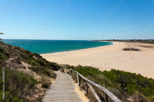 Wooden path leading down to the beach. Vacation paradise. Virgin beach.