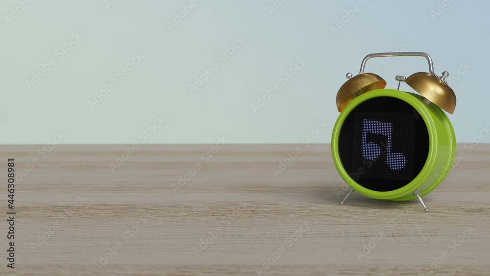 3d rendering of color alarm clock with symbol of music player on display on table 3d rendering of color alarm clock with symbol of music player on display on table
