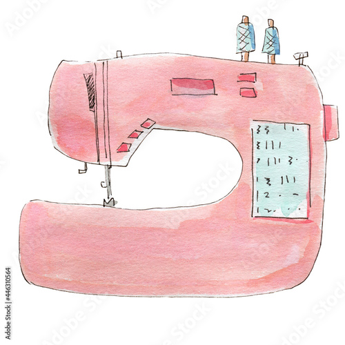 Watercolor illustration of pink sewing typewriter on white background