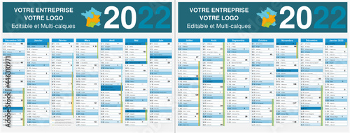 Calendrier 2022 14 mois avec vacances scolaires officielles au format 320 x 420 mm recto verso entièrement modifiable via calques et texte arial
