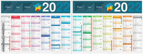 Calendrier 2022 14 mois avec vacances scolaires officielles au format 320 x 420 mm recto verso entièrement modifiable via calques et texte arial