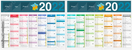 Calendrier 2022 14 mois avec vacances scolaires officielles au format 320 x 420 mm recto verso entièrement modifiable via calques et texte arial