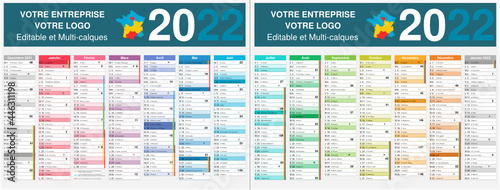 Calendrier 2022 14 mois avec vacances scolaires officielles au format 320 x 420 mm recto verso entièrement modifiable via calques et texte arial