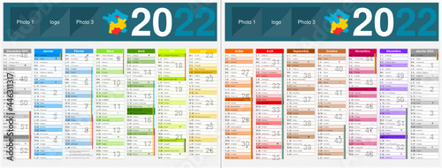 Calendrier 2022 14 mois avec vacances scolaires officielles au format 320 x 420 mm recto verso entièrement modifiable via calques et texte arial