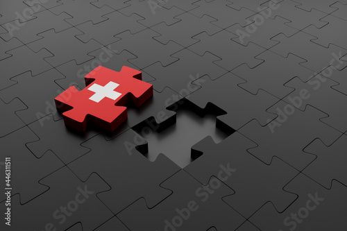 Swiss flag puzzle piece separated from the rest of the pieces. Concept of difference and separation of Switzerland from the European Union. 3d Render.