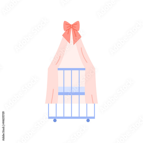 Crib isolated icon. Flat blue baby crib with pink canopy design. Newborn care color vector illustration.