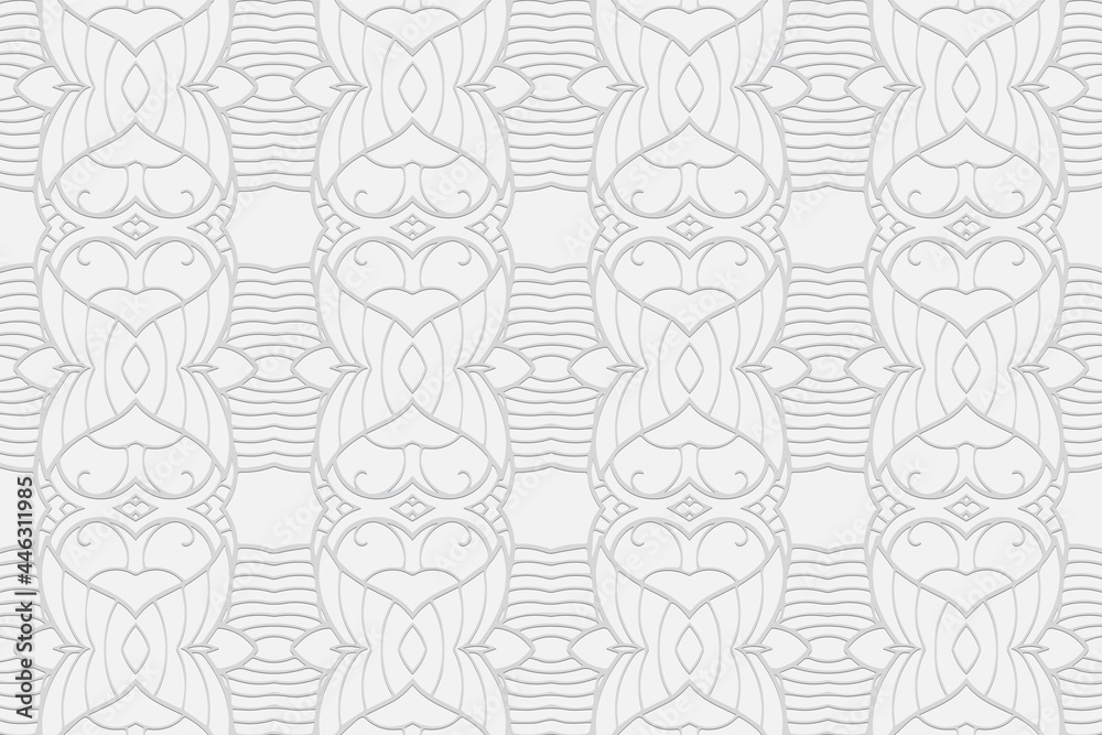 3d volumetric convex embossed geometric white background. Ethnic oriental, asian, indian pattern with handmade elements. Exotic wallpaper for design and decoration.