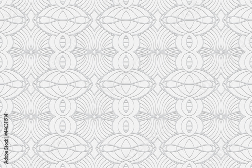 3d volumetric convex embossed geometric white background. Ethnic oriental, asian, indian pattern with handmade elements. Original wallpaper for design and decor.