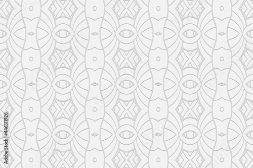 3d volumetric convex embossed geometric white background. Ethnic oriental, asian, indian pattern with handmade elements. Abstract wallpaper for design and decor.
