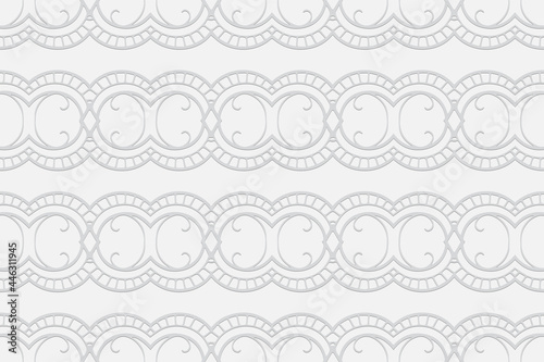 3d volumetric convex embossed geometric white background. Ethnic oriental, asian, indian pattern with handmade elements. Beautiful wallpaper for design and decor.