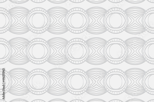 3d volumetric convex embossed geometric white background. Ethnic oriental, asian, indian pattern with handmade elements. Modern wallpaper for design and decor.