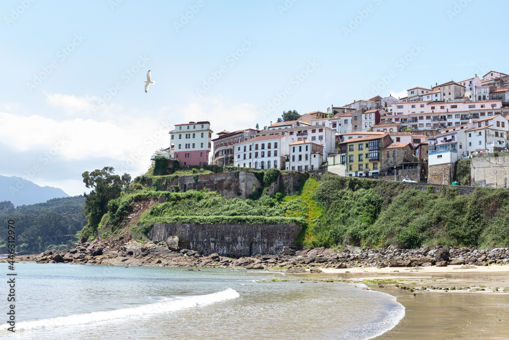 Rocky coast village in Asturias, Spain, with a blurred seagull flying.