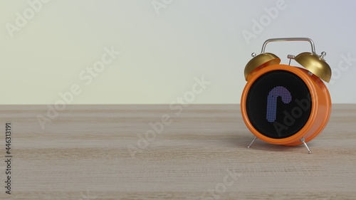 3d rendering of color alarm clock with symbol of candy on display on table