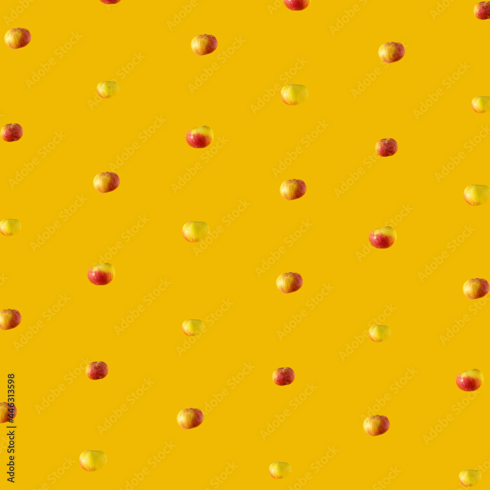 Minimal composition pattern background of fresh apple on illuminating yellow. summer gardening concept. Isometric view. Minimal composition pattern background of fresh apple on illuminating yellow. summer gardening concept. Isometric view.