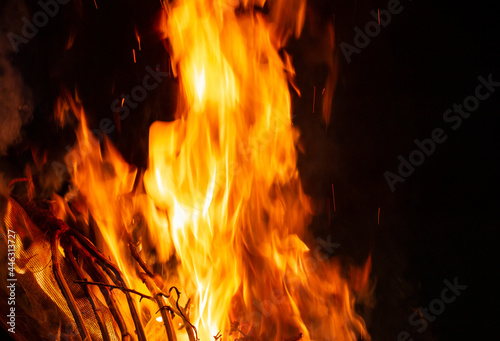 flame of fire with sparks in case of fire at home, forest, premises